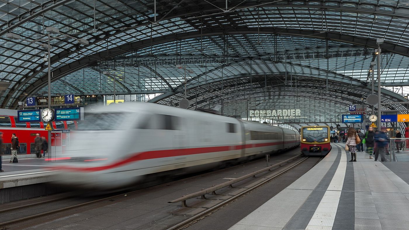 An ICE train at Berlin Hauptbahnhof.