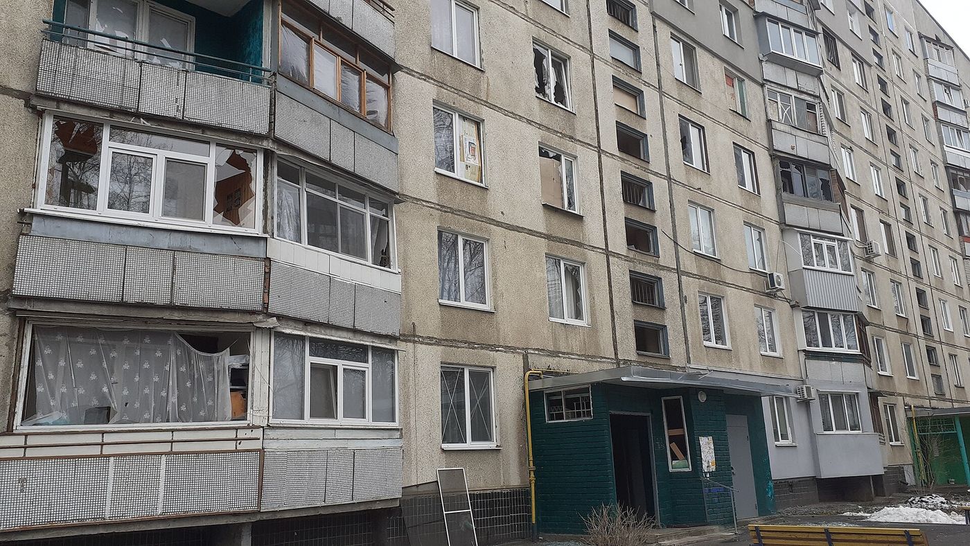 A damaged residential block in Kharkiv.