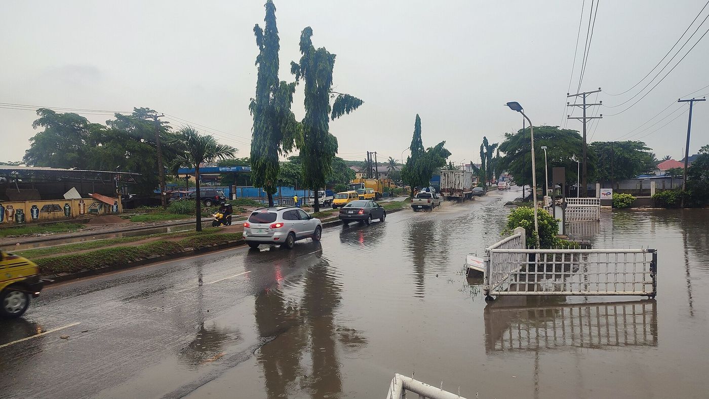 A flooded street in Lagos after heavy rain.