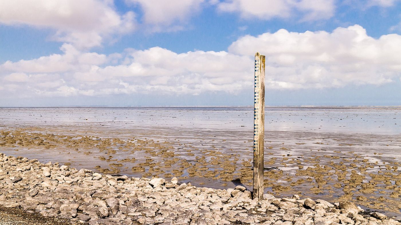 A sea dyke on the Dutch coast at low tide.