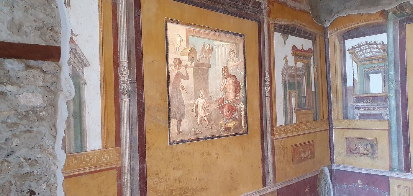 A fresco on a wall of an excavated house at Pompeii.