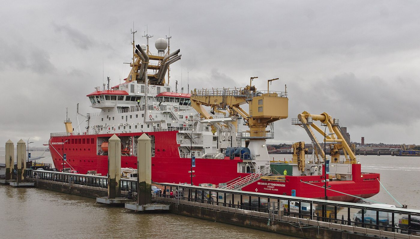 The RRS Sir David Attenborough in sea ice. The ship launched the submarine in February.