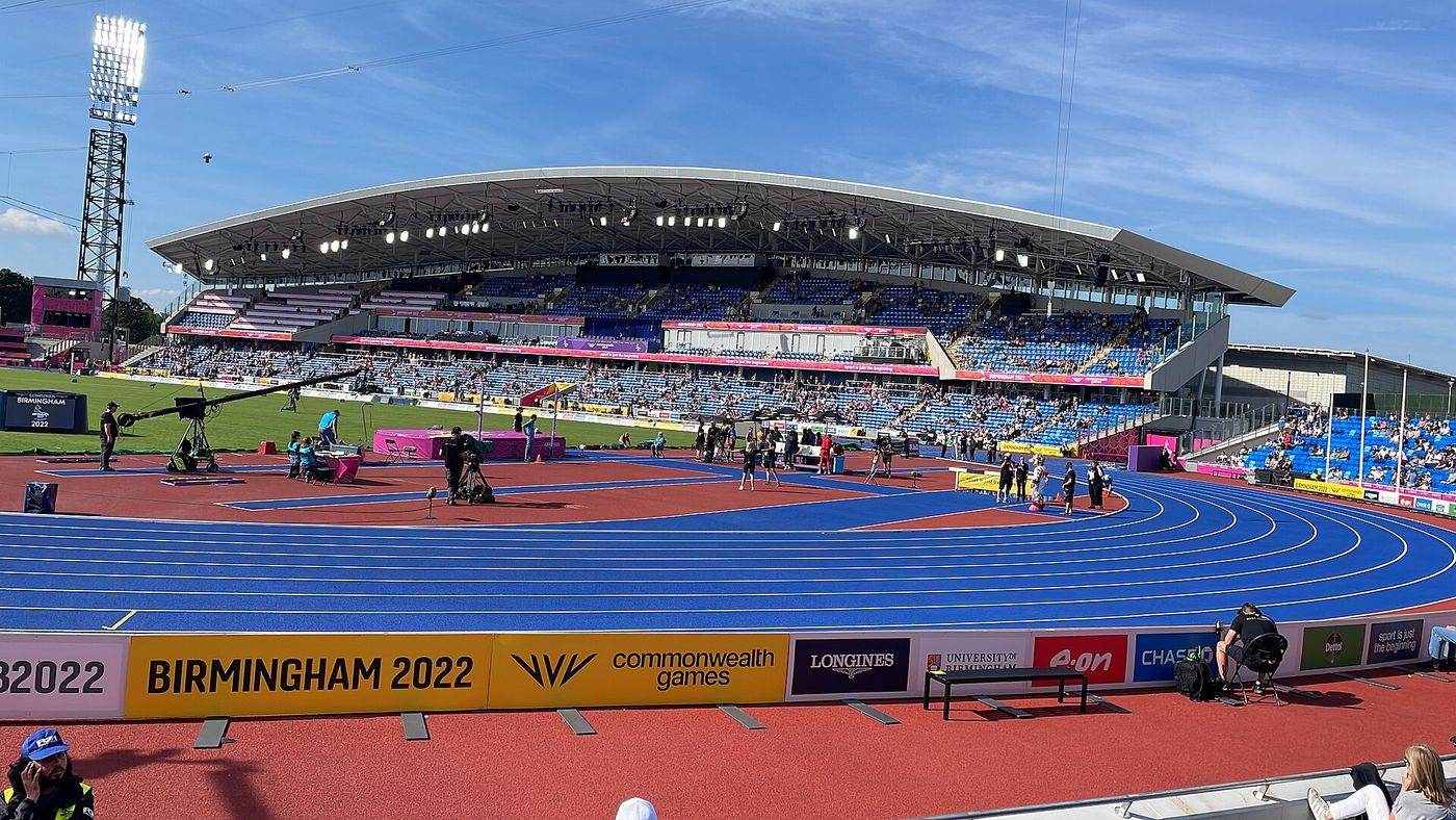An empty athletics track at a stadium in the Midlands.