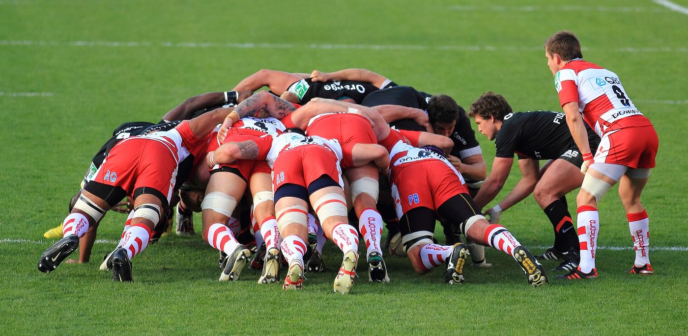A scrum in heavy conditions at a Premiership match on Saturday.