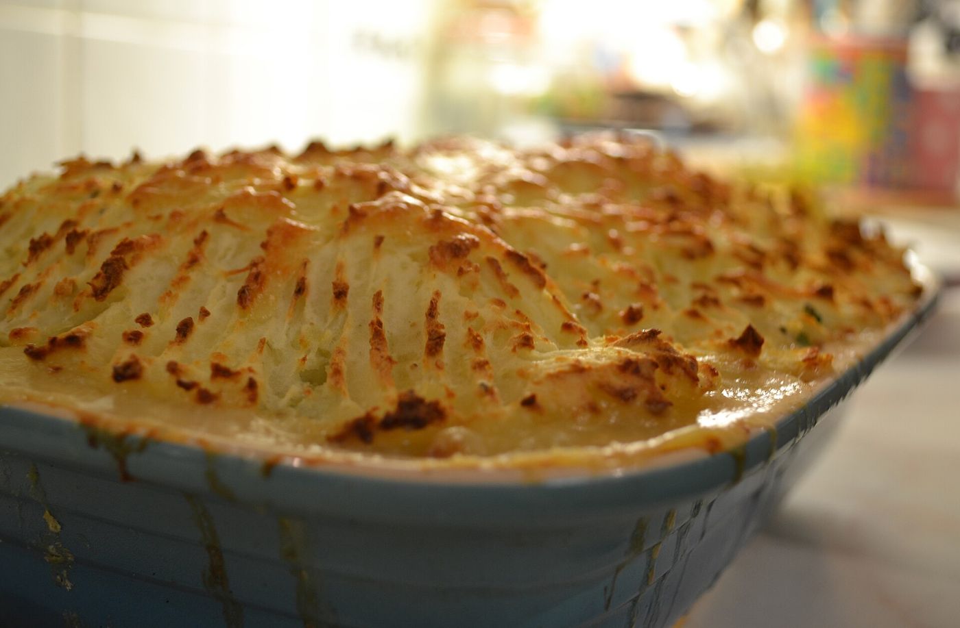 Fish pie with a golden mashed potato topping.