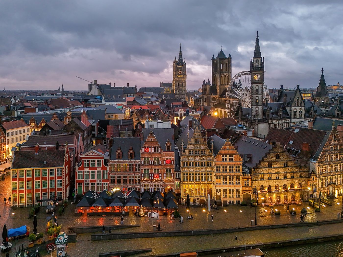 The Graslei waterfront in the centre of Ghent, Belgium.