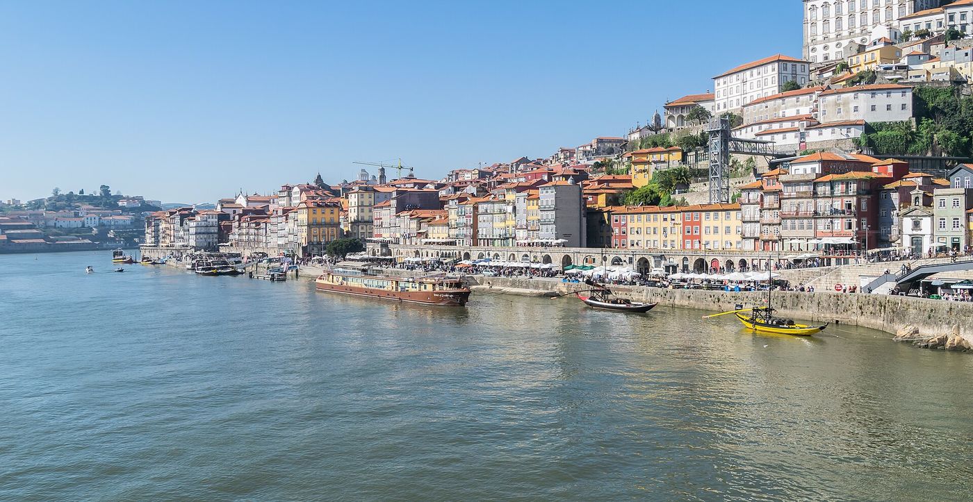 The Ribeira district and Dom Luís I bridge in Porto, Portugal.